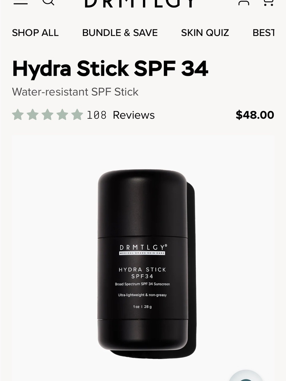 DRMTLGY Hydra Stick SPF 34 — Black Moisturizing Sunscreen Stick